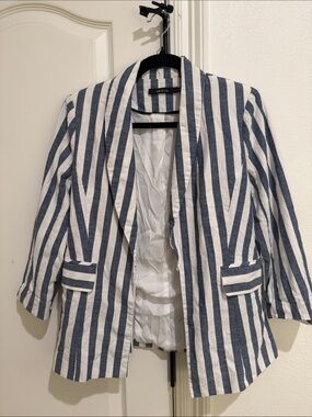 Ark & co cotton linen white blue stripe blazer size small